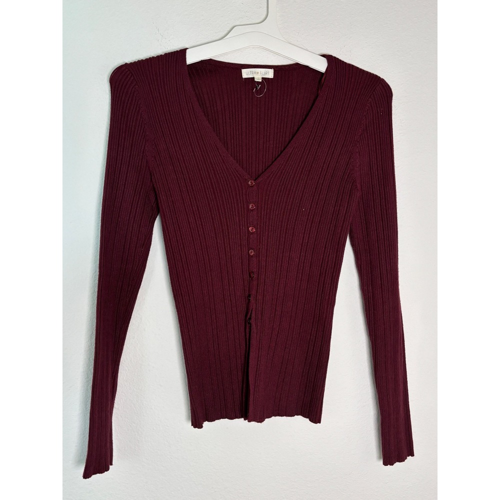 Ultra Flirt Burgundy Ribbed Knit V-Neck Button Down Cardigan Sweater Medium
